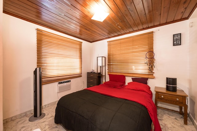 bedroom featuring wooden ceiling, baseboards, marble finish floor, a wall mounted AC, and crown molding