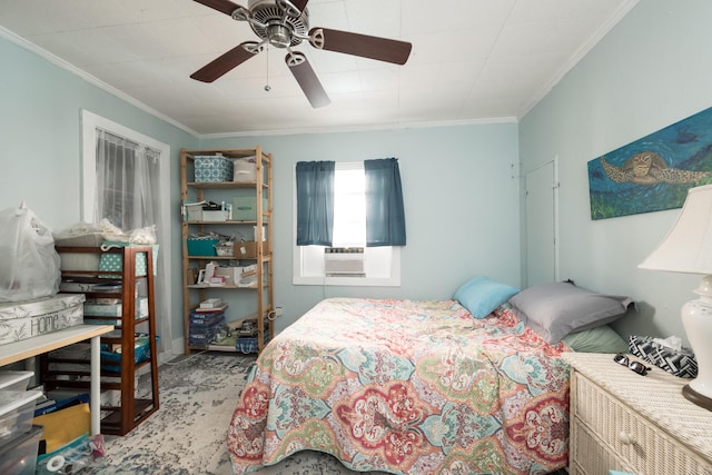 bedroom with carpet floors, crown molding, and a ceiling fan