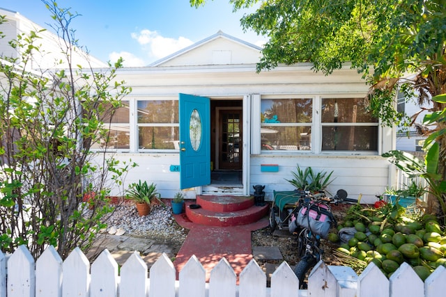 view of front of house featuring entry steps and a fenced front yard