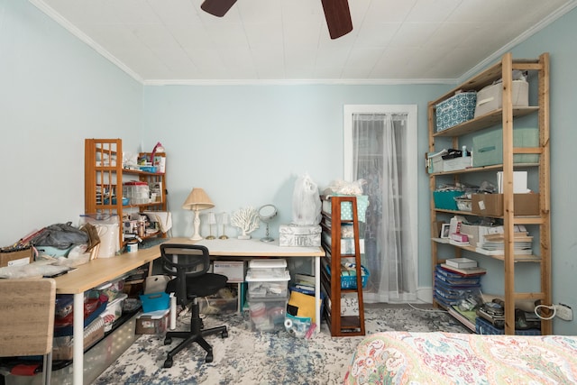 office space with ceiling fan and crown molding