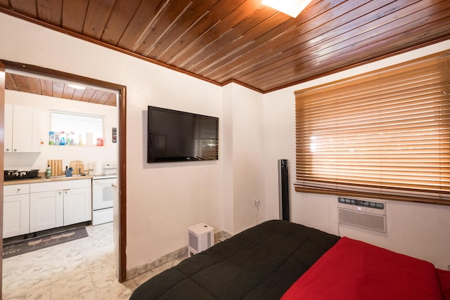 bedroom featuring a wall unit AC, wooden ceiling, and crown molding