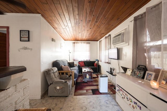 sitting room featuring wooden ceiling, ornamental molding, and a wall mounted AC