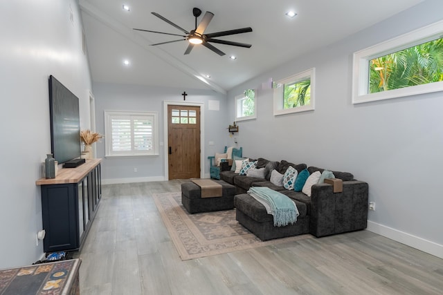 living room with a ceiling fan, recessed lighting, light wood-style flooring, and baseboards