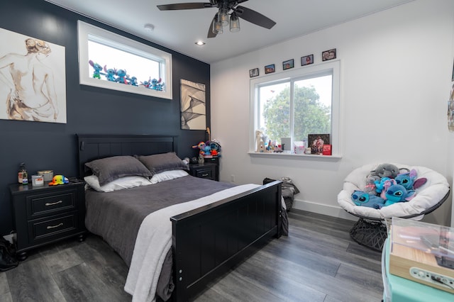 bedroom with recessed lighting, ceiling fan, baseboards, and wood finished floors