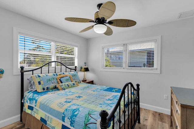 bedroom featuring ceiling fan and light wood-type flooring