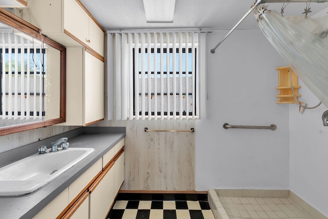 bathroom featuring vanity, a textured ceiling, and walk in shower