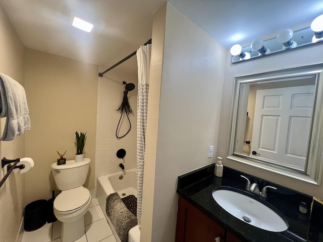 full bathroom featuring shower / tub combo with curtain, vanity, toilet, and tile patterned flooring