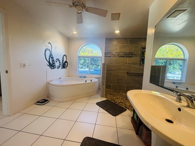 bathroom with sink, tile patterned floors, separate shower and tub, and ceiling fan