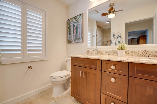 bathroom with ceiling fan, vanity, a shower, tile patterned floors, and toilet