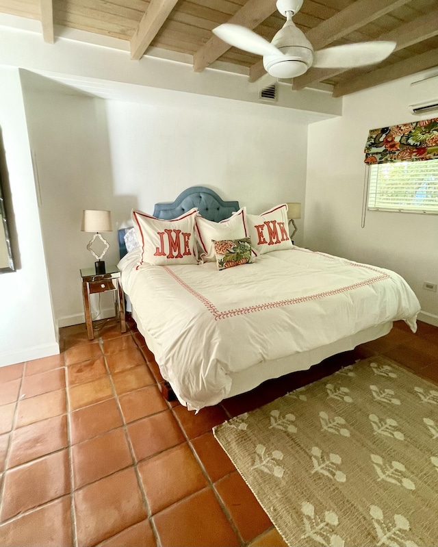 bedroom with beamed ceiling, a wall mounted AC, ceiling fan, wood ceiling, and tile patterned floors