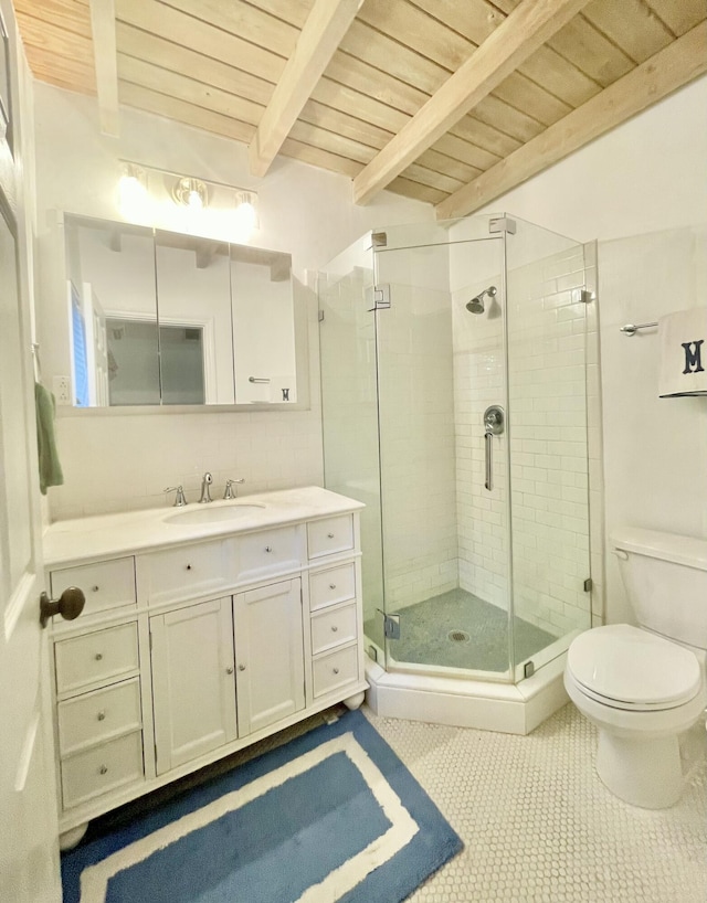 bathroom with beamed ceiling, wood ceiling, vanity, and a shower with shower door