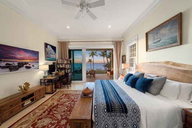 bedroom featuring ceiling fan, ornamental molding, and access to outside