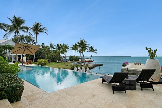 view of swimming pool with a water view and a patio area