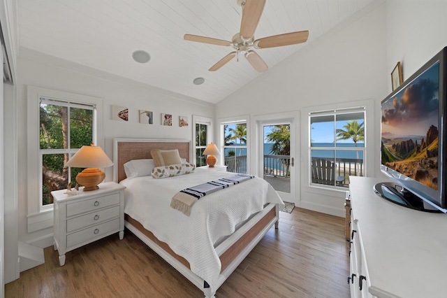 bedroom with multiple windows, wood-type flooring, access to exterior, and high vaulted ceiling