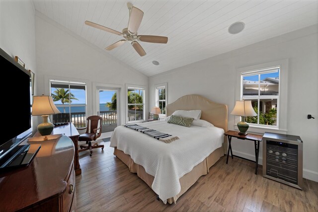 bedroom featuring multiple windows, wood-type flooring, and access to exterior