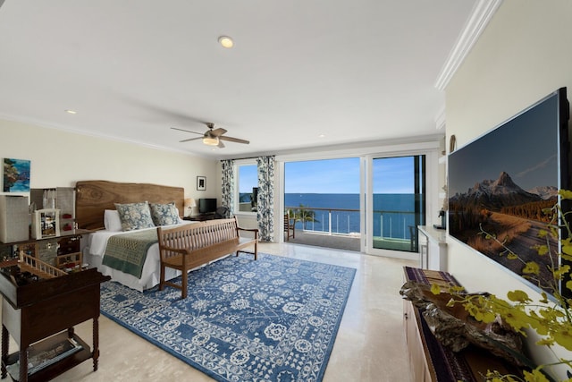 bedroom featuring access to exterior, ornamental molding, and ceiling fan