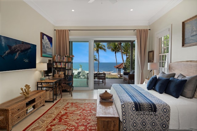 bedroom with crown molding, a water view, access to exterior, and ceiling fan