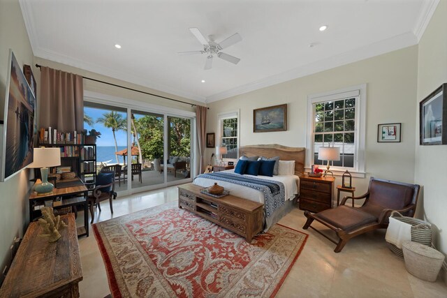 bedroom with access to exterior, crown molding, ceiling fan, and a water view