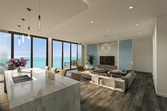 living room with an inviting chandelier, dark hardwood / wood-style floors, sink, and a wall of windows