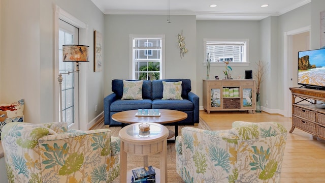 living room featuring crown molding and light hardwood / wood-style floors