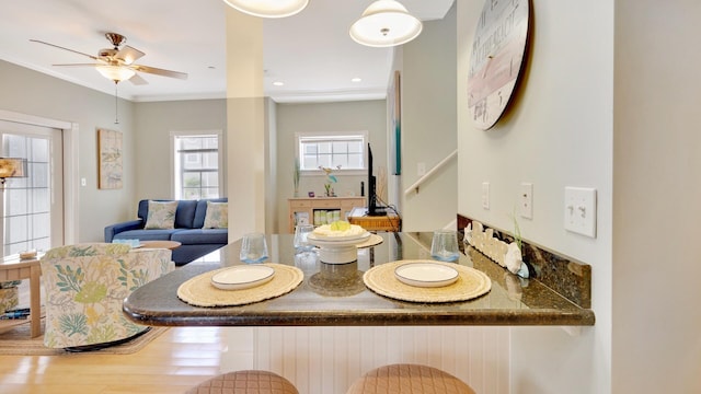 dining space featuring ceiling fan and ornamental molding