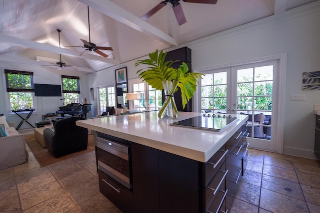 1414 Angela St, Key West, FL 33040 - kitchen with stone tile floors, stainless steel microwave, ceiling fan, and black electric stovetop