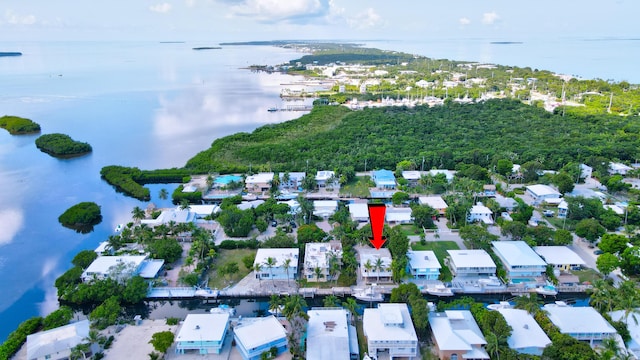 drone / aerial view with a water view and a residential view