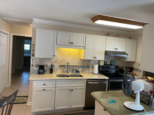 kitchen featuring dishwasher, a sink, white cabinets, and under cabinet range hood