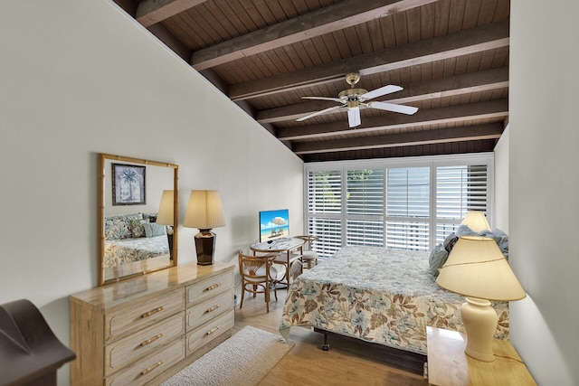 bedroom featuring beamed ceiling, light hardwood / wood-style flooring, and wooden ceiling