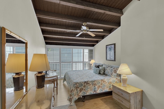 bedroom featuring multiple windows, hardwood / wood-style floors, wood ceiling, and beam ceiling