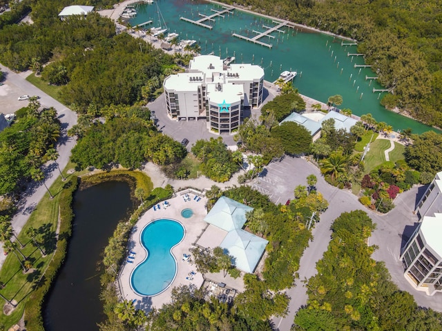 aerial view featuring a water view