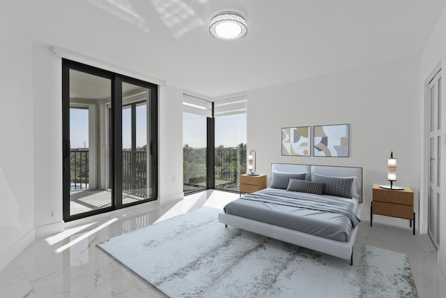 bedroom featuring a wall of windows, baseboards, marble finish floor, and access to exterior