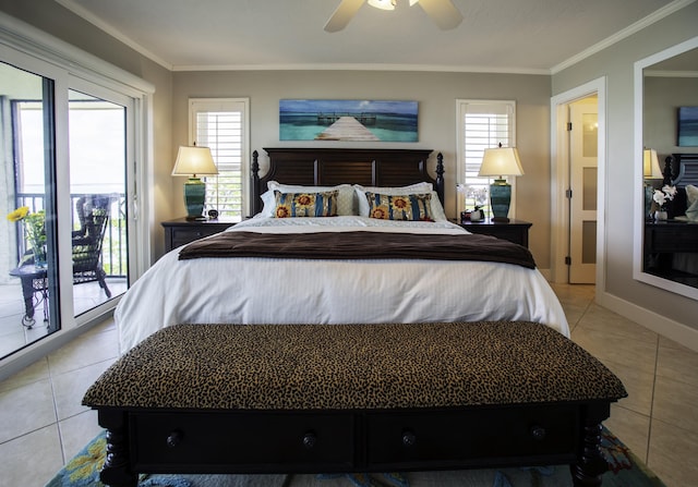 96000 Overseas Hwy Unit X54, Key Largo, FL 33037 - bedroom featuring access to outside, light tile patterned flooring, multiple windows, ornamental molding, and baseboards