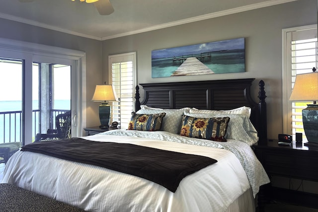 96000 Overseas Hwy Unit X54, Key Largo, FL 33037 - bedroom with crown molding, multiple windows, access to outside, and a ceiling fan