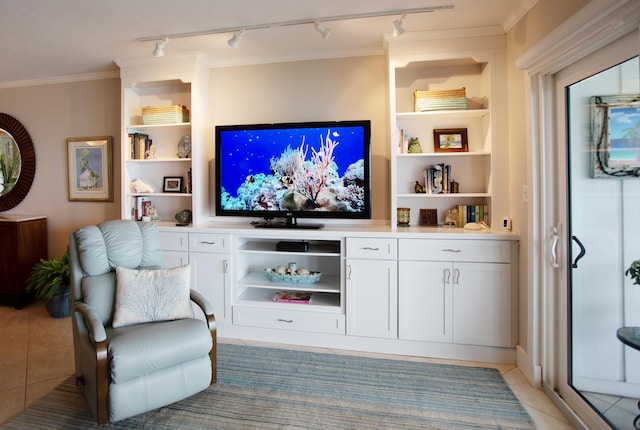 96000 Overseas Hwy Unit X54, Key Largo, FL 33037 - living area featuring rail lighting, light tile patterned floors, crown molding, and built in shelves