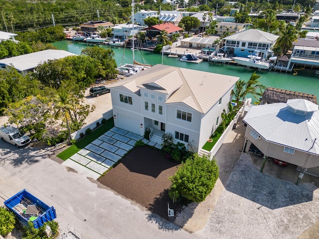 aerial view featuring a water view