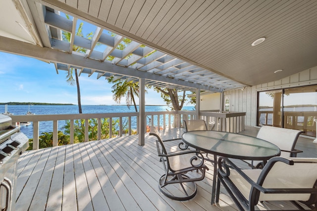 deck featuring a water view