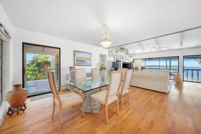 dining space featuring lofted ceiling and light wood-type flooring