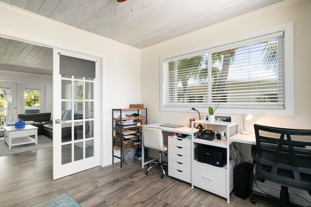 office area with hardwood / wood-style floors, wood ceiling, ornamental molding, and french doors