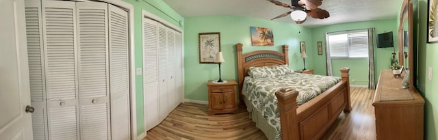 bedroom featuring ceiling fan and light hardwood / wood-style floors