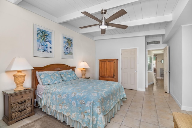 bedroom with beamed ceiling, light tile patterned floors, wood ceiling, and ceiling fan