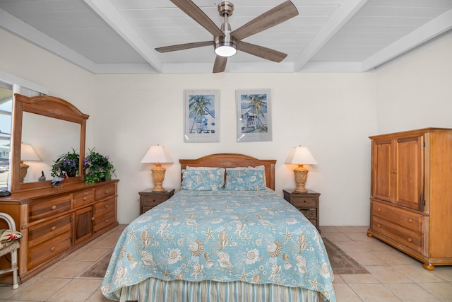 bedroom featuring ceiling fan, wooden ceiling, beam ceiling, and light tile patterned floors