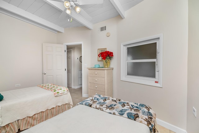 tiled bedroom featuring wood ceiling and beamed ceiling