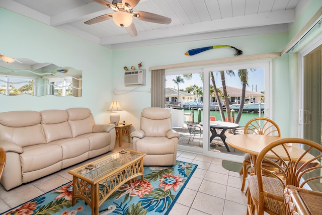 tiled living room with a water view, a wall mounted air conditioner, wooden ceiling, ceiling fan, and beam ceiling