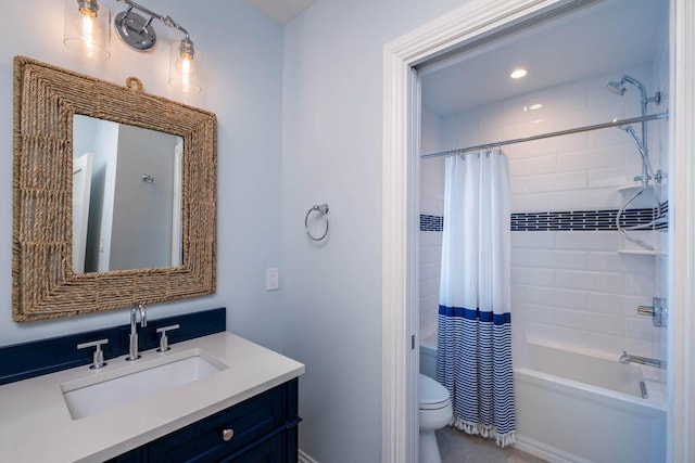 full bathroom featuring toilet, shower / bath combination with curtain, and vanity