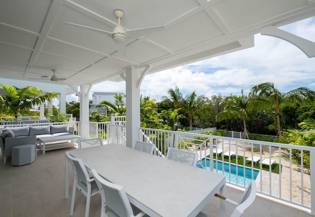 view of patio featuring an outdoor hangout area, outdoor dining area, a fenced in pool, and a ceiling fan