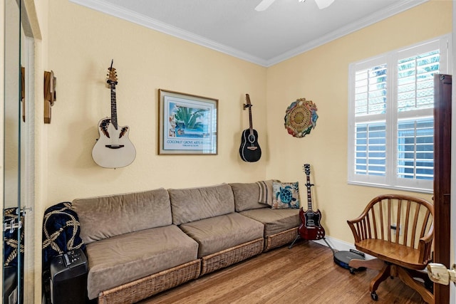 17 N Dr, Key Largo, FL 33037 - living area featuring crown molding, baseboards, ceiling fan, and wood finished floors
