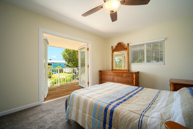 bedroom featuring ceiling fan, carpet flooring, and access to exterior