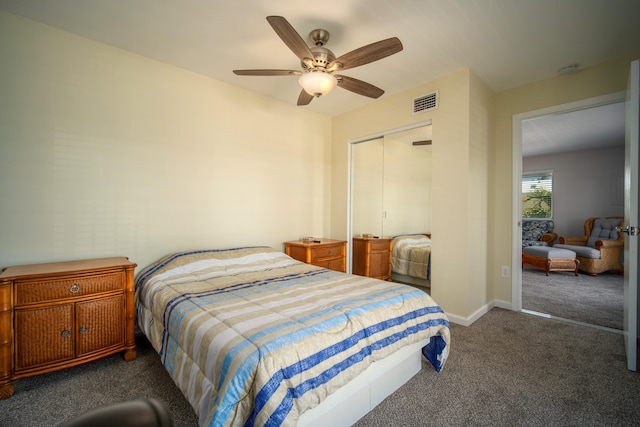 bedroom featuring dark carpet, a closet, and ceiling fan