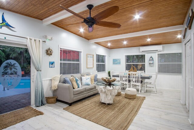 living room with a wall mounted AC, light wood-type flooring, wooden ceiling, beamed ceiling, and ceiling fan